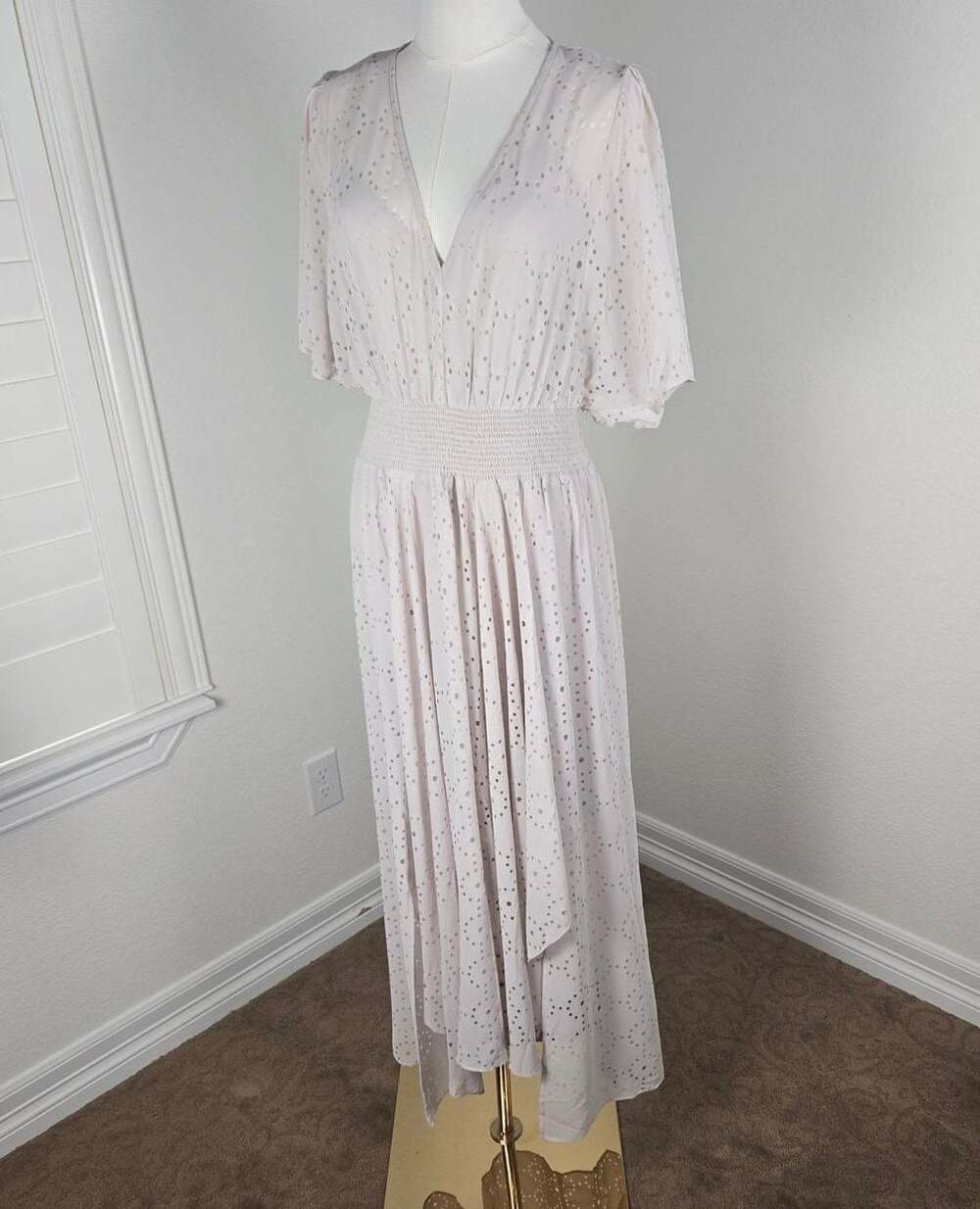 Lovestitch Women's Beige Perforated Dot Pattern Smocked Waist Midi Dress Size L
